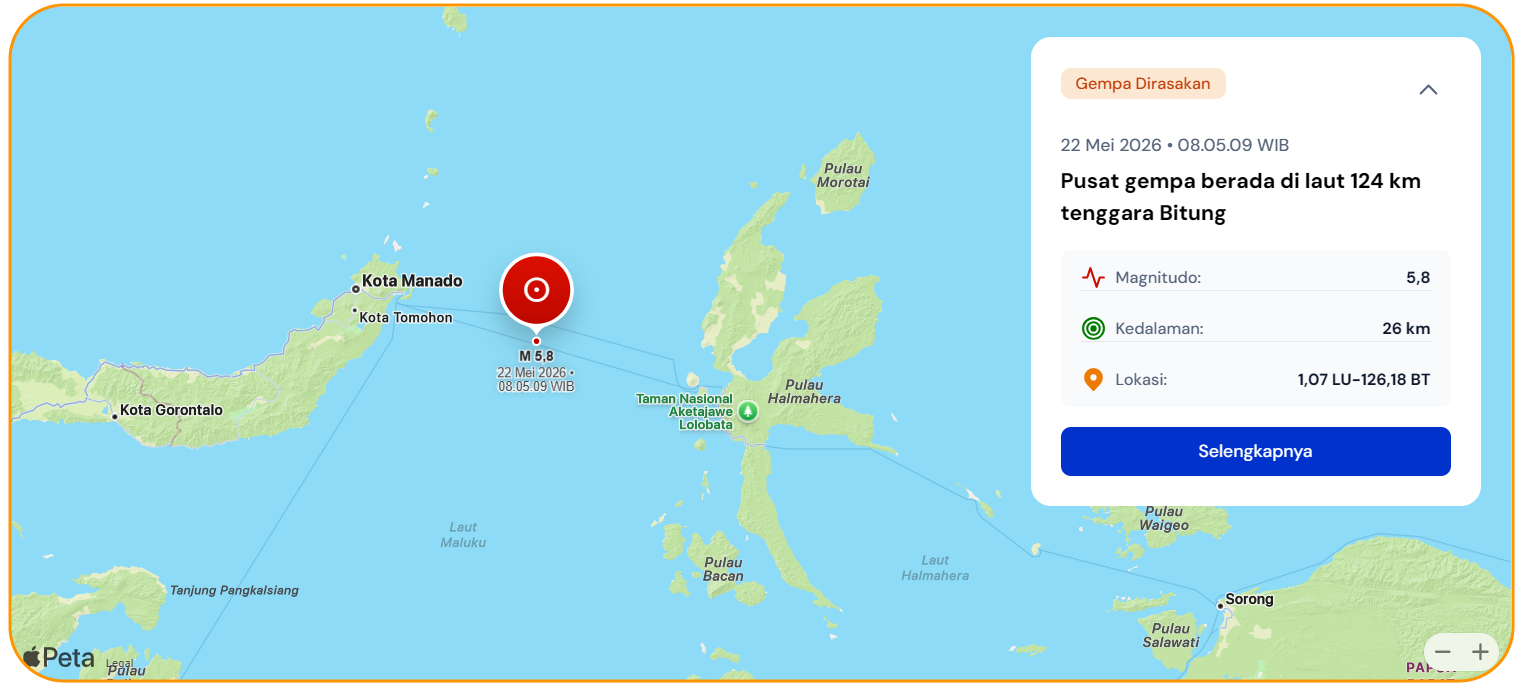 Gempa Tektonik Bermagnitudo 5,8 Guncang Manado: BMKG Pastikan Tidak Berpotensi Tsunami, Masyarakat Diminta Waspada Hoaks