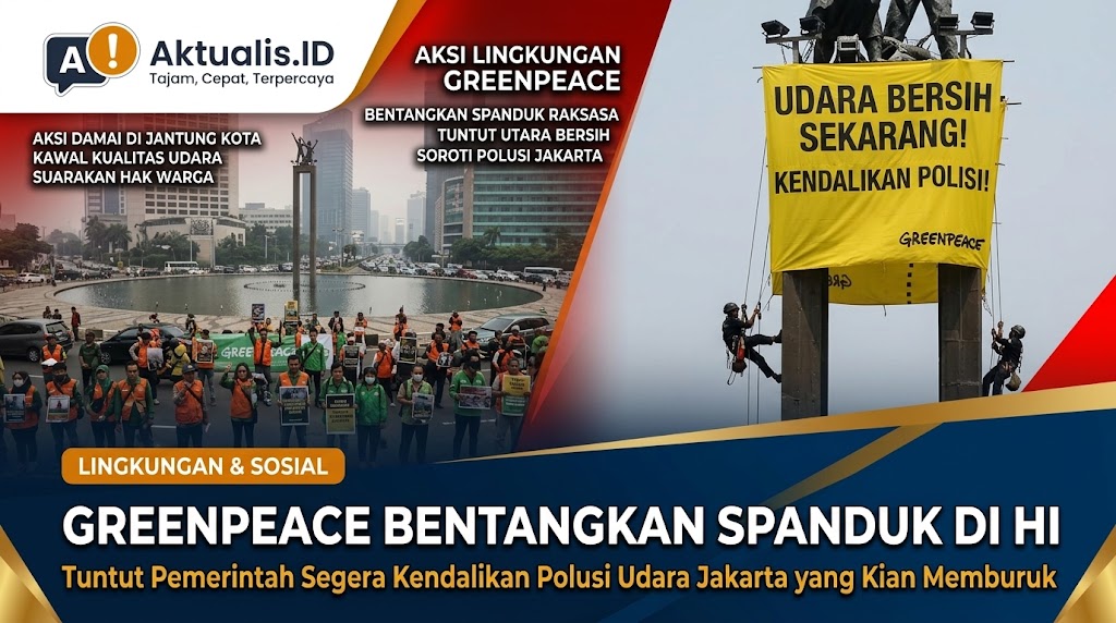 Greenpeace Bentangkan Spanduk Tuntut Pengendalian Polusi di Bundaran HI