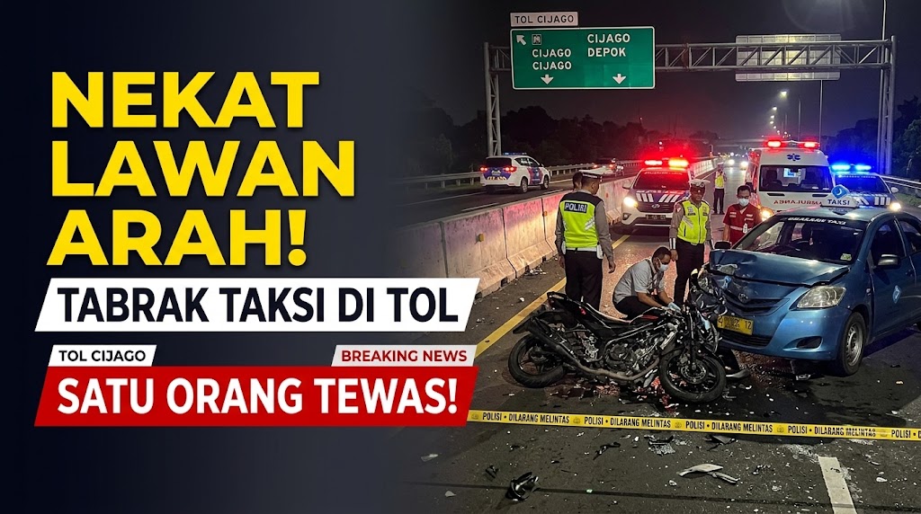Motor Lawan Arah Tabrak Taksi di Tol Cijago Satu Orang Tewas